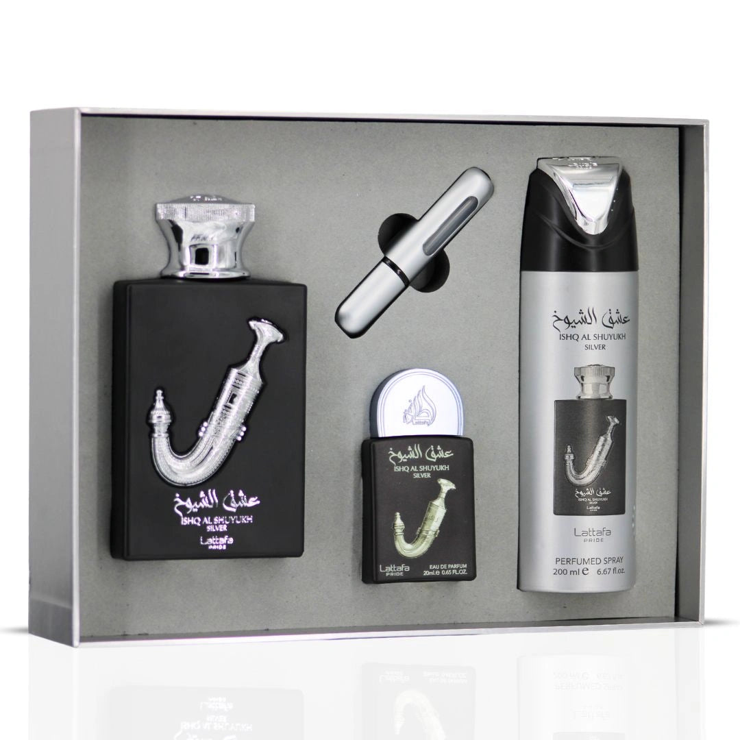 Ishq Al Shuyukh Silver 3-Piece Perfume Gift Set By Lattafa Pride (Gift Set)