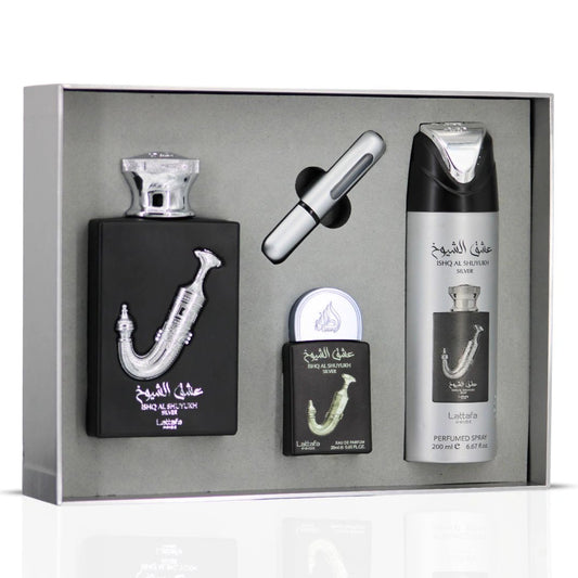 Ishq Al Shuyukh Silver 3-Piece Perfume Gift Set By Lattafa Pride (Gift Set)