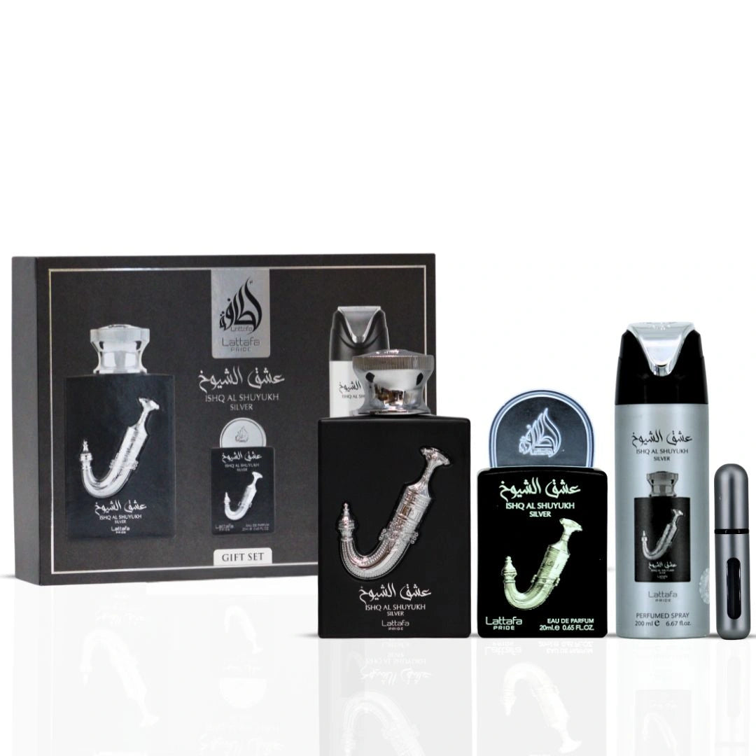 Ishq Al Shuyukh Silver 3-Piece Perfume Gift Set By Lattafa Pride (Gift Set)