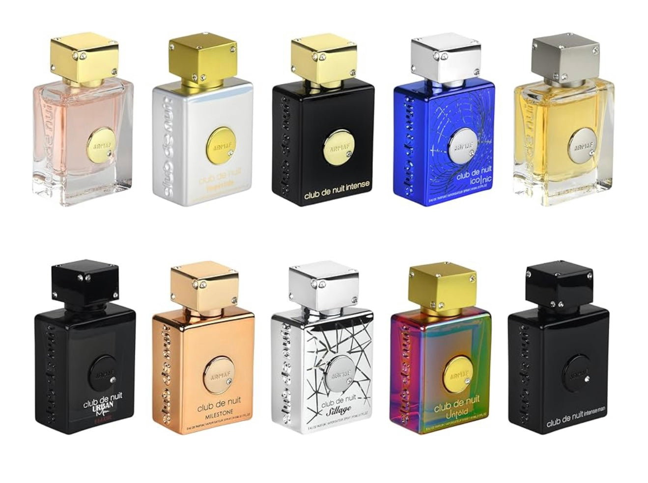 Armaf Club De Nuit Parfum MINI 10 pieces 0.17 oz each - Club De Nuit Intense Man, Sillage, Urban Man Elixir, Iconic, Club De Nuit Women, Milestone, Untold, Imperiale, for men and women