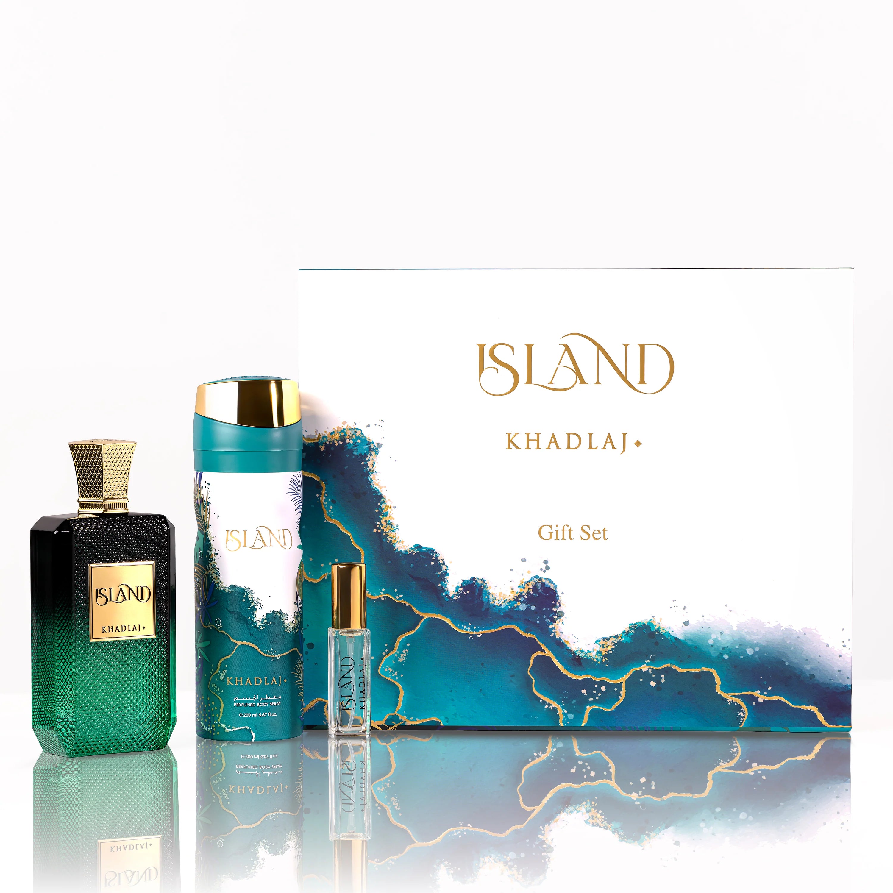 Khadlaj Island Gift Set for Unisex (3.4 EDP + 6.8 DEO + 0.34 EDP) - New