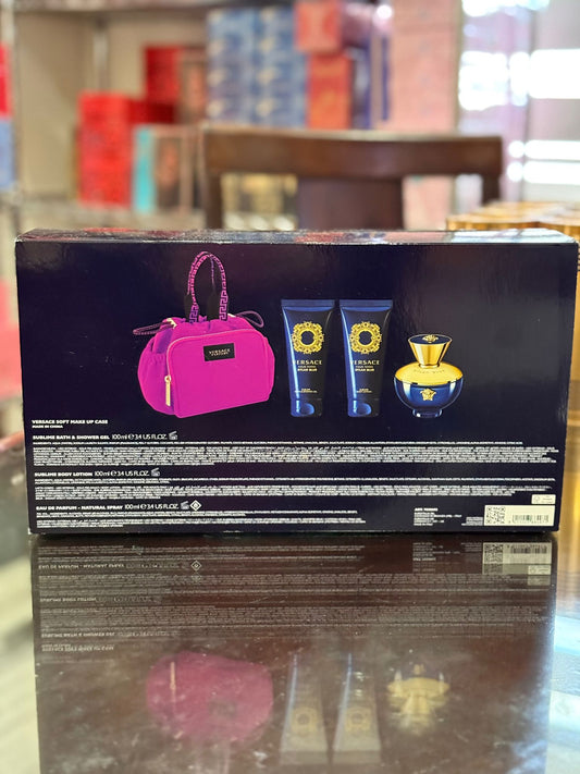 Dylan Blue by Versace for women – 4-piece gift set – 3.4 ounce EDP spray, 3.4 ounce Sublime body lotion, sublime bath and shower gel, makeup case