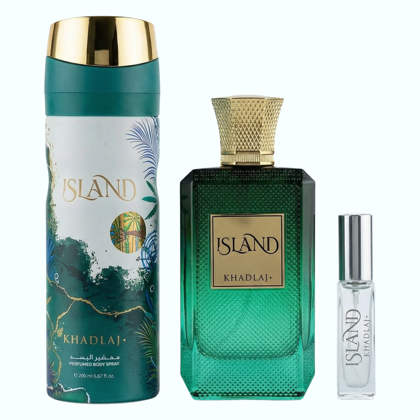 Khadlaj Island Gift Set for Unisex (3.4 EDP + 6.8 DEO + 0.34 EDP) - New
