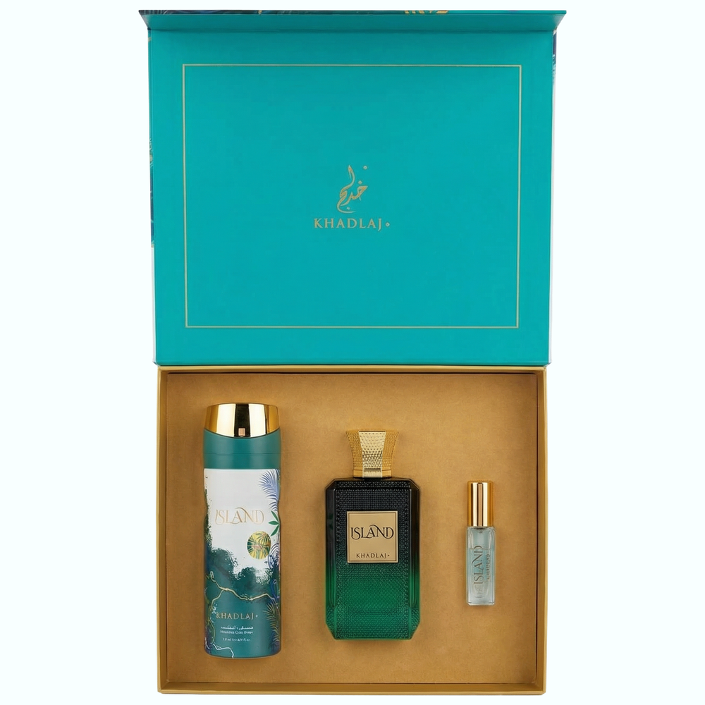 Khadlaj Island Gift Set for Unisex (3.4 EDP + 6.8 DEO + 0.34 EDP) - New