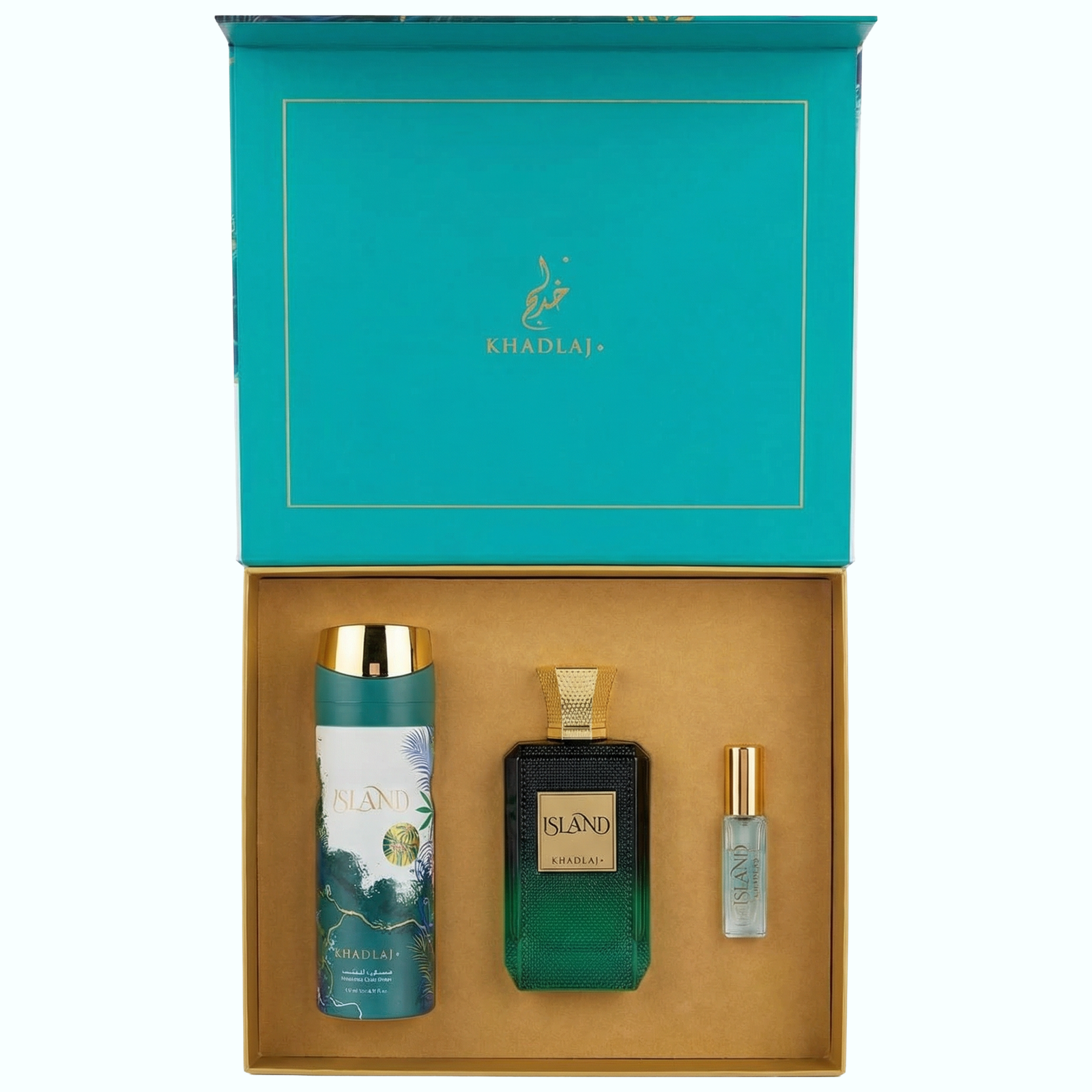 Khadlaj Island Gift Set for Unisex (3.4 EDP + 6.8 DEO + 0.34 EDP) - New